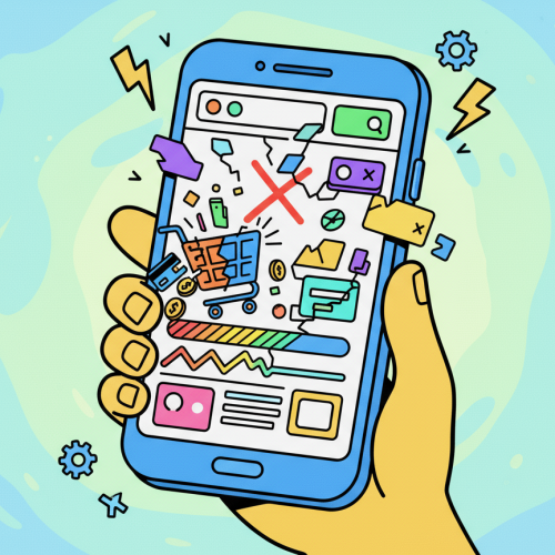 Firefly_Gemini Flash_generate me a broke website on a mobile device, cartoony, no text, in colour 40487